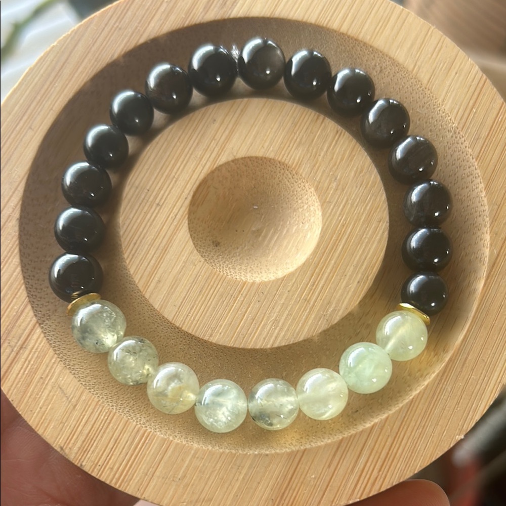 Handmade Prehnite + Black Obsidian Beaded Bracelet ✨